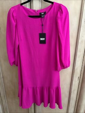 DKNY women’s Fuchsia Puff-Sleeve Flounce Dress